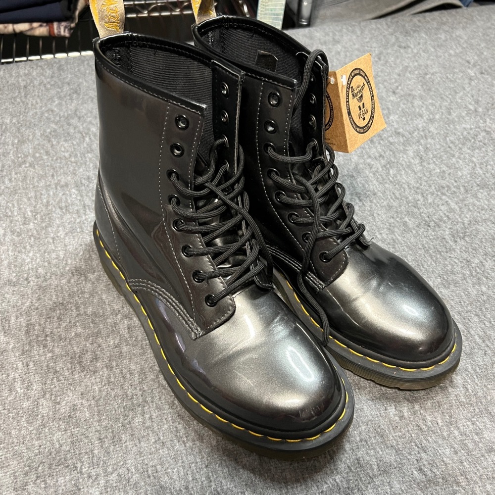 Dr Martens 1460 Vegan Chrome Boots Womens Size 10 Black Metallic Gunmetal NEW